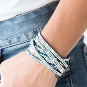 Rows of glassy white rhinestones silver studs 3 strands blue suede wrap bracelet